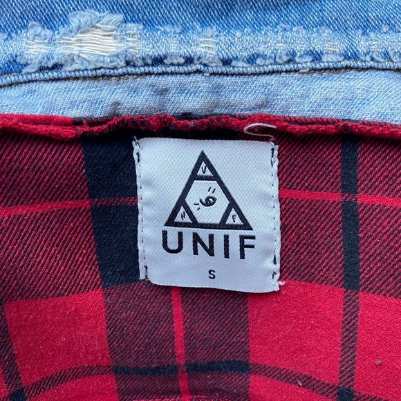 Unif Distressed Shredded Grunge Fringe Denim Festival Rodeo Vest Plaid Patches-S - Picture 15 of 16